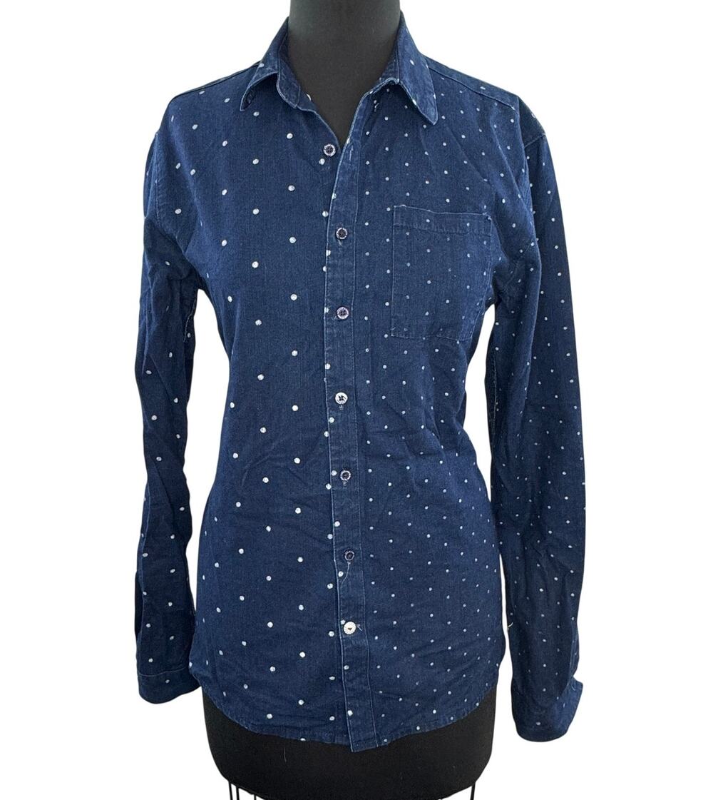 Scotch & Soda Navy White Shirt Denim Polka Dot Collared Button-Up Size Small S